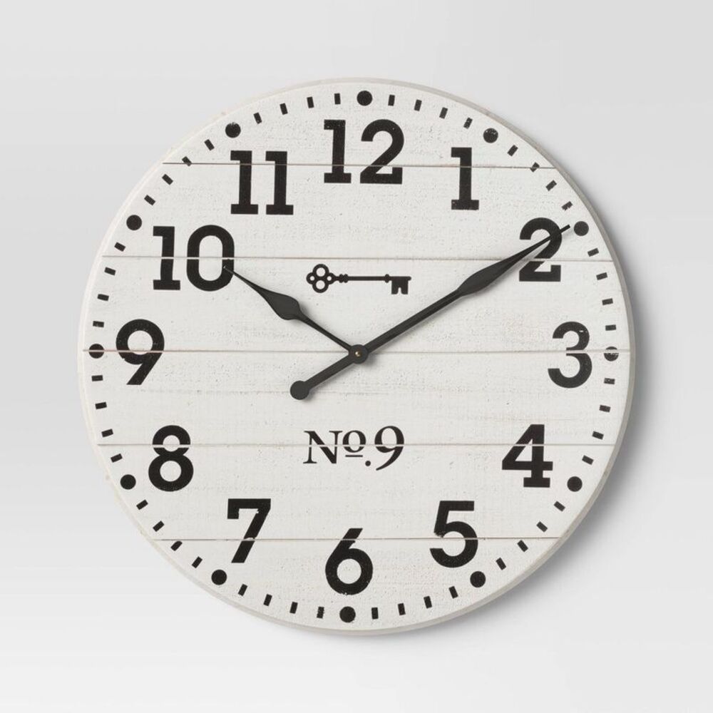 26" Farmhouse Wood Wall Clock White - : Rustic Indoor Timepiece, Round Shape